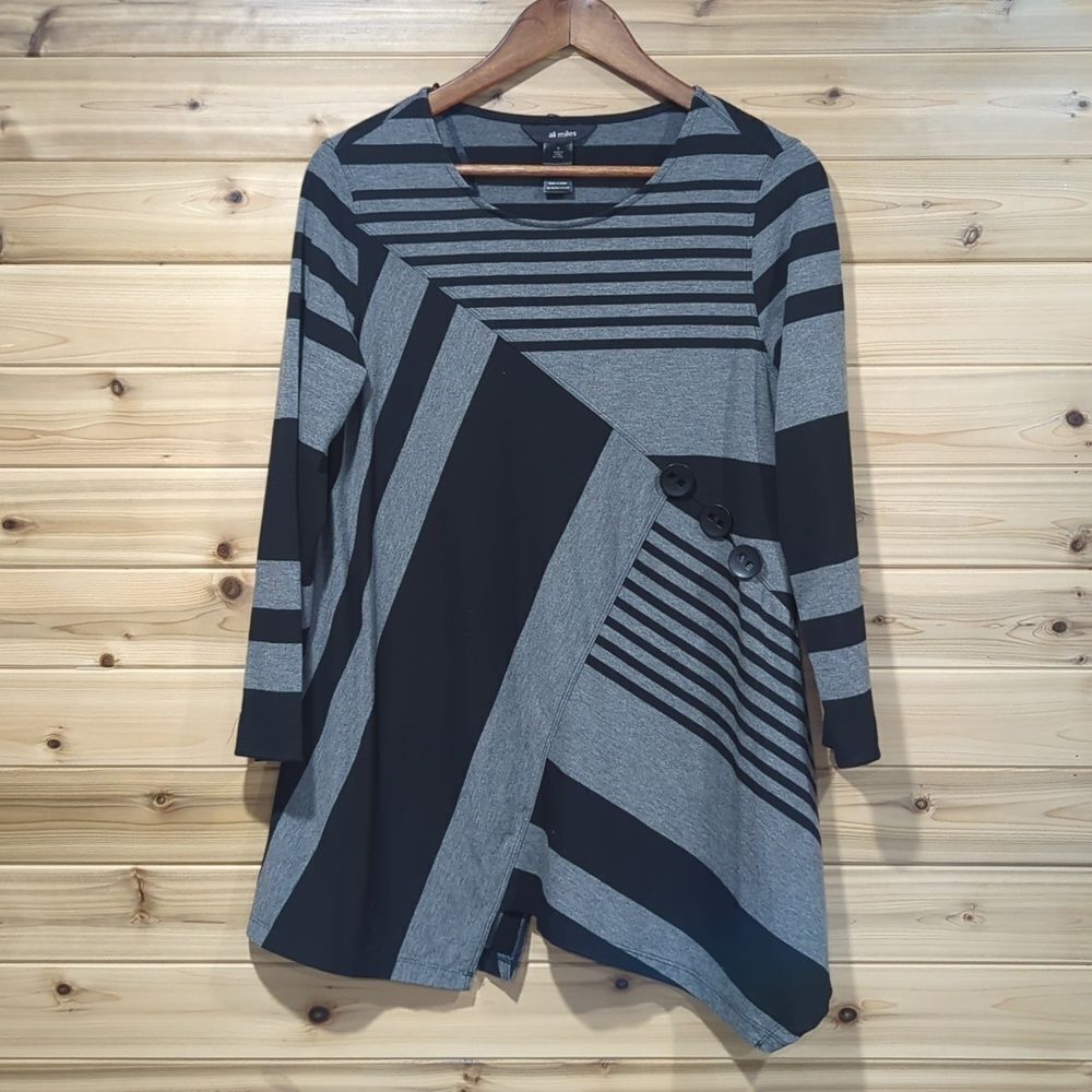 Ali Miles Top Womens XS Black Gray Striped Asymmetrical Blouse Art to Wear